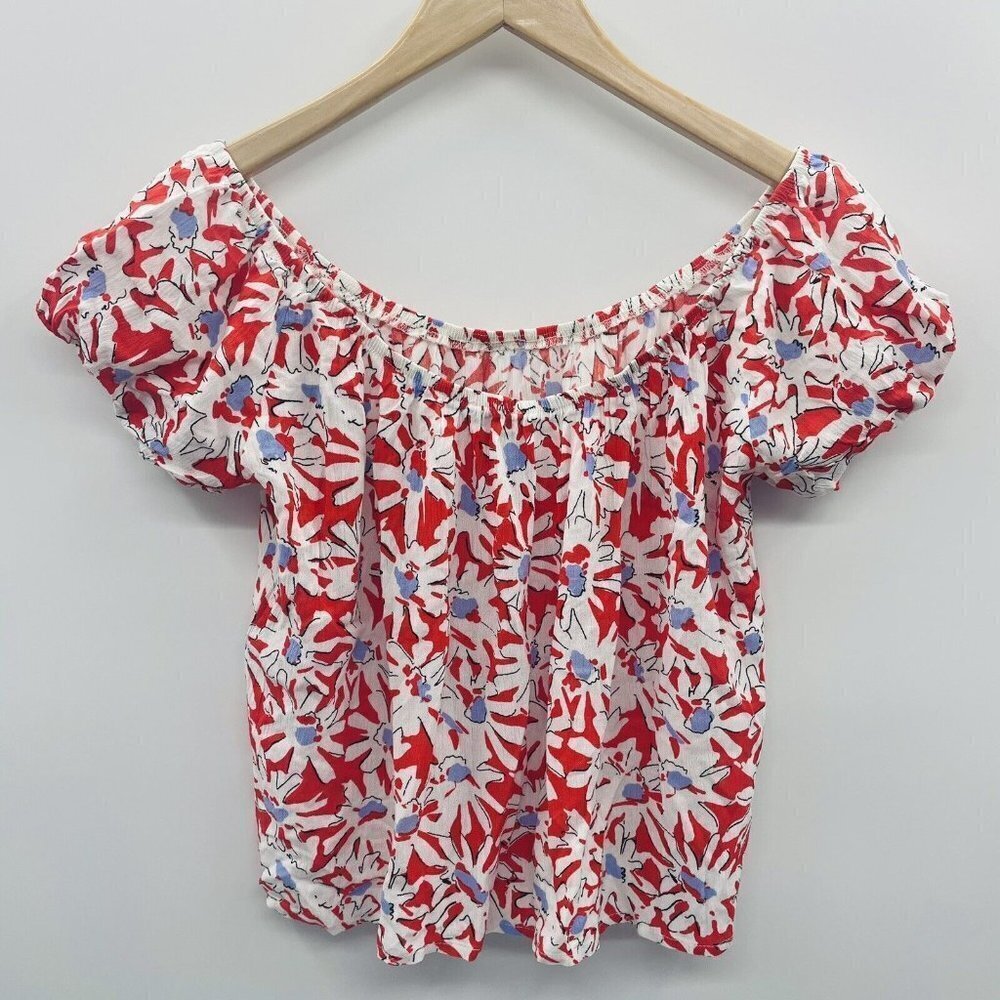 Aqua Womens Size Medium Floral Print Off the Shoulder Blouse in Red White 2101 - Picture 4 of 6